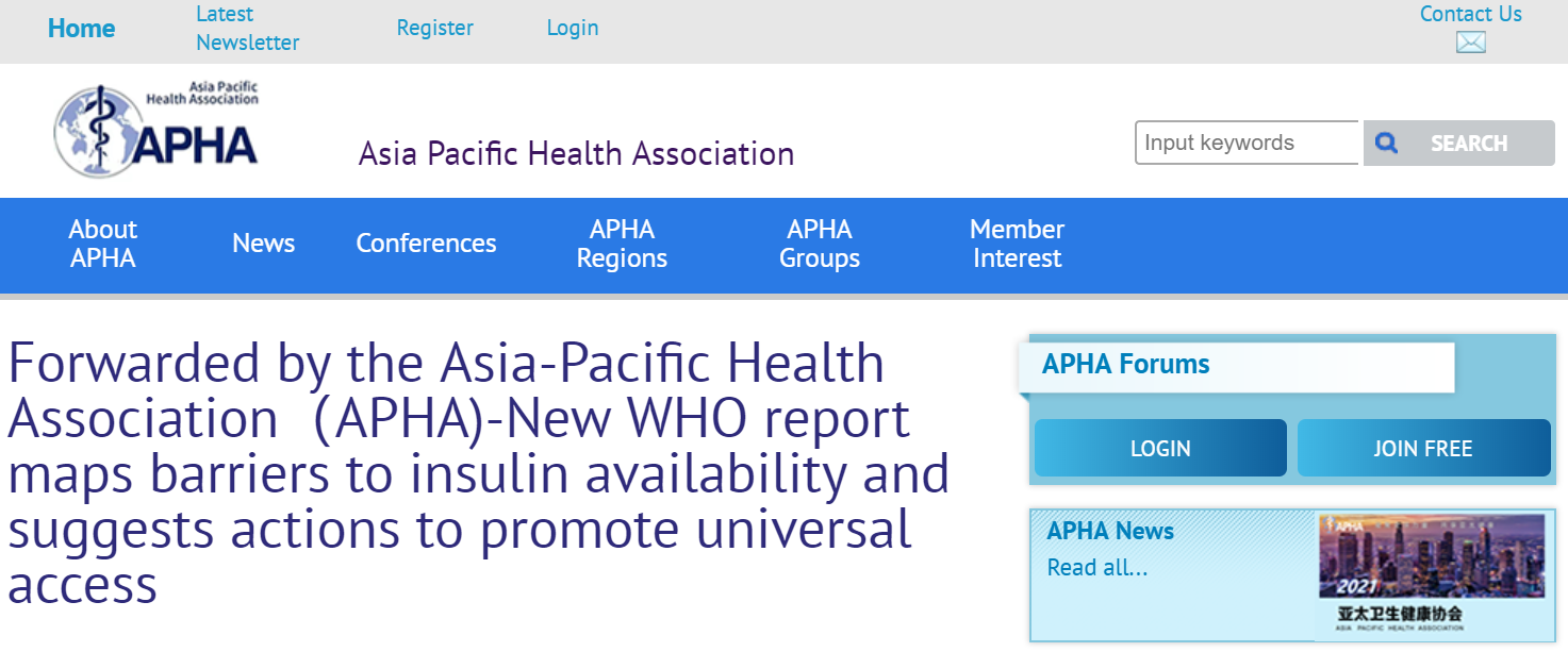 Forwarded by the Asia-Pacific Health Association（APHA)-New WHO report maps barriers to insulin availability and suggests actions to promote universal access